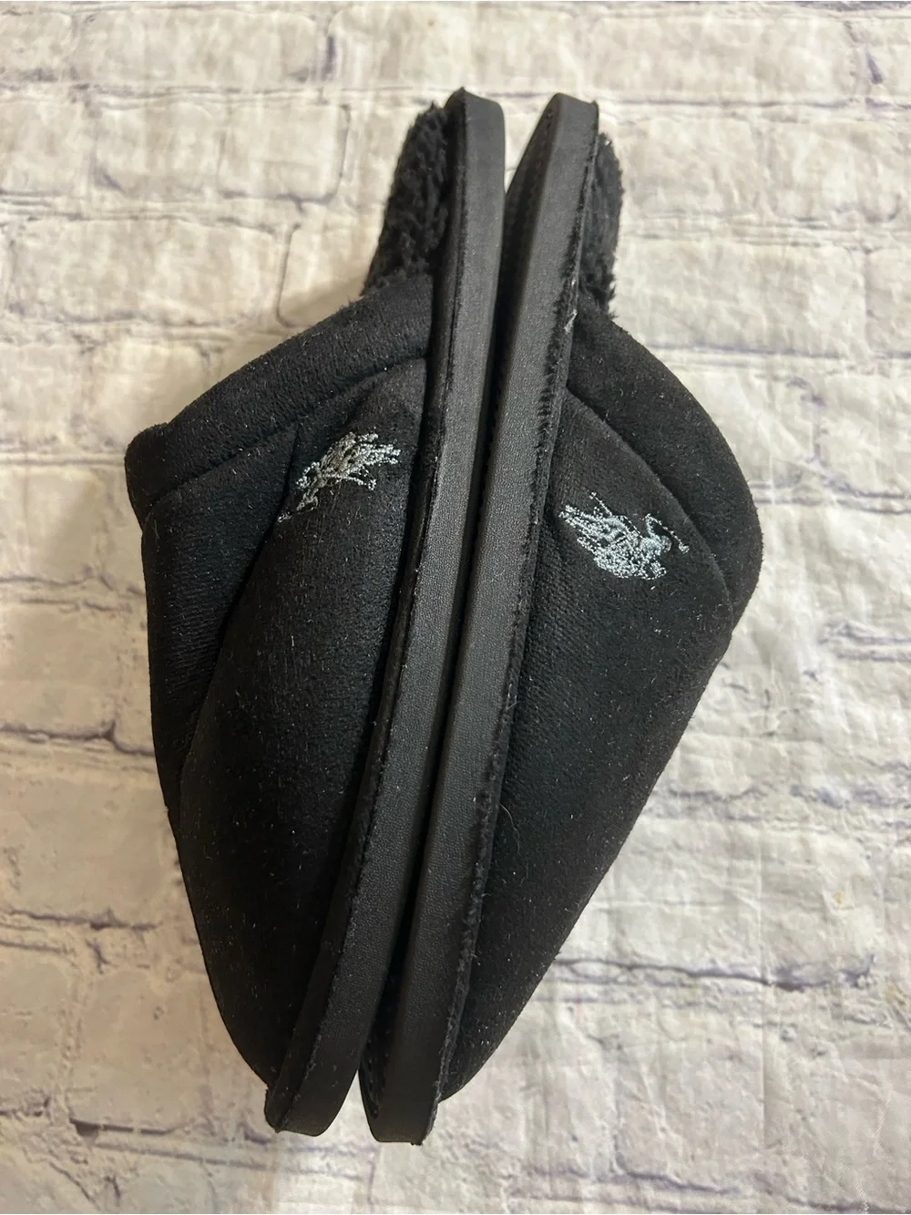 U.S.POLO ASSN. MENS BLACK SCUFF FUZZY FAUX SHEARLING LINING SLIPPERS LOGO 9/10